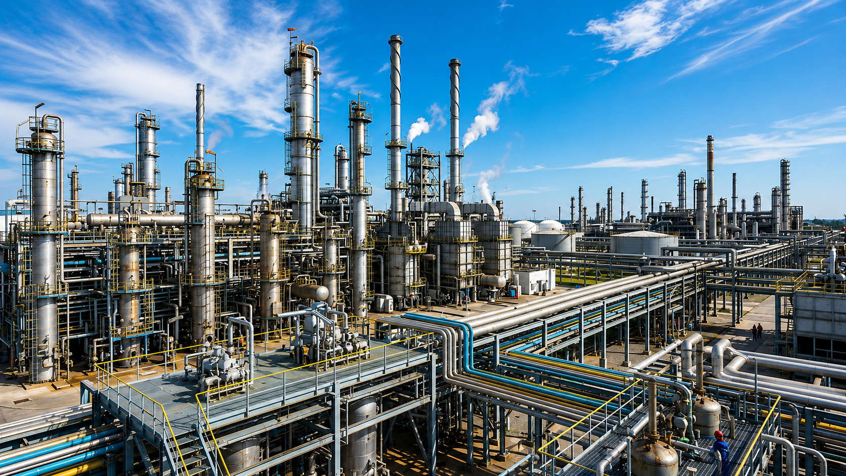 Oil and gas processing plant under a blue sky