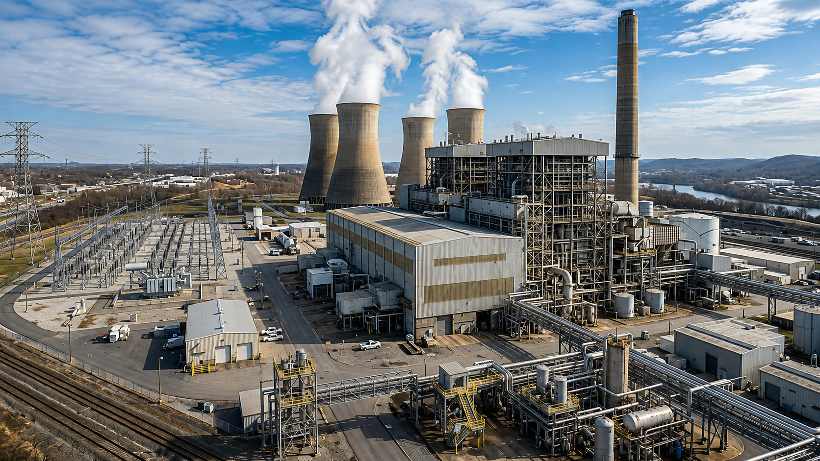 Power plant with cooling towers